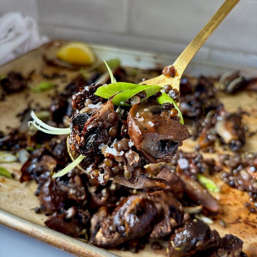 Miso Butter Mushrooms with Crispy Lentils