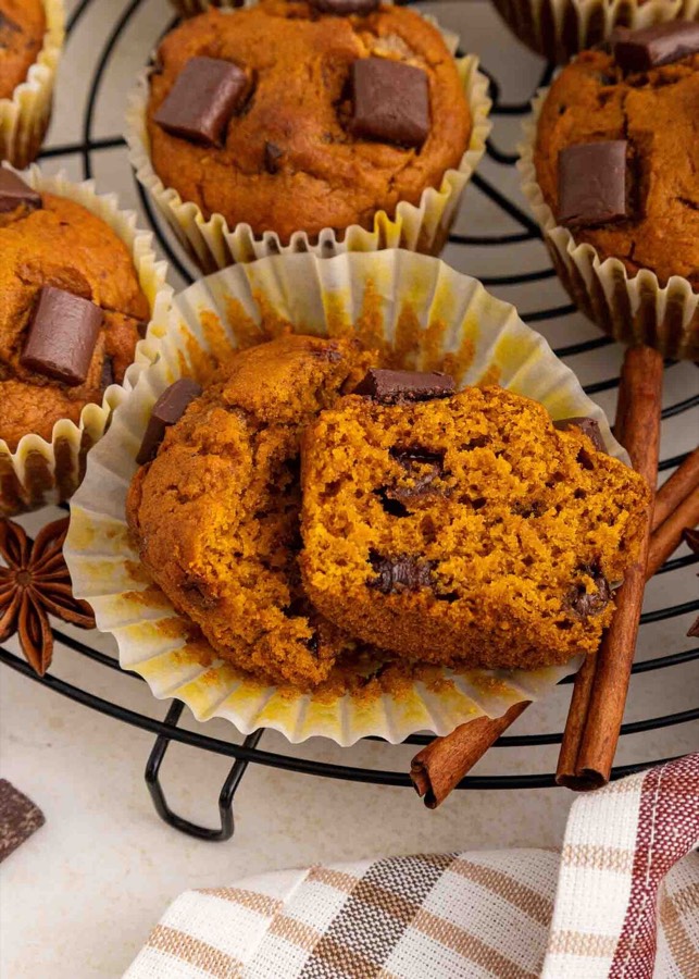 Pumpkin Chocolate Chunk Muffins (Soft & Moist)